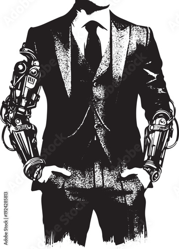 Futuristic executive with advanced prosthetic arms in minimalist