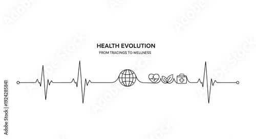 Health evolution icon set with globe, virus, bacteria, and heartbeat line