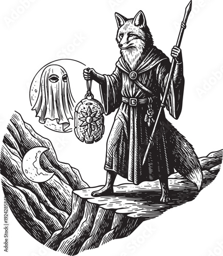 Woodcut Illustration of Fox Shaman with Ghost Spirit in Night Mo