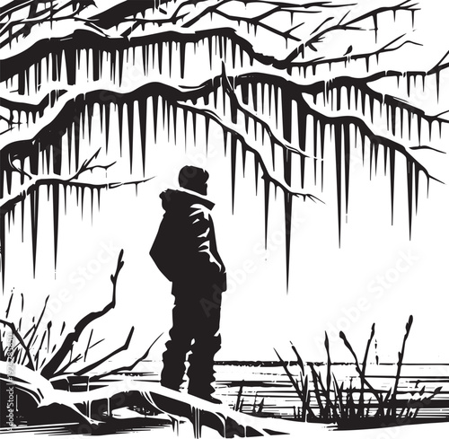 Winter contemplation: Sumi-e illustration of a man under icicle-