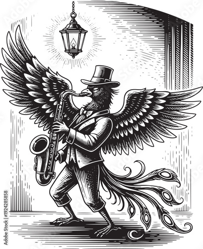 Engraved illustration of anthropomorphic bird playing saxophone