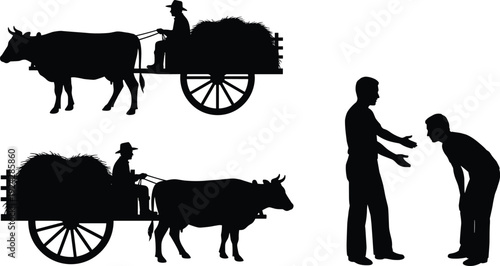 Farmer ox cart silhouette and people interaction showing rural agriculture transport village lifestyle isolated on white background traditional concept illustration