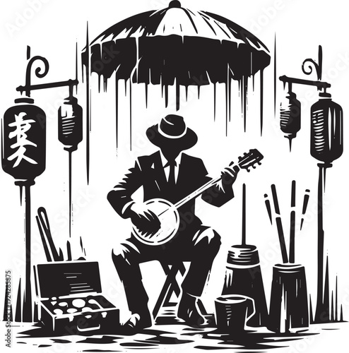 Street performer in suit and hat playing banjo, surrounded by la