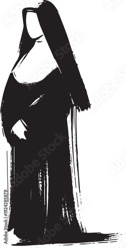 Monochrome Sumi-e Style Illustration of a Nun Standing Serene an