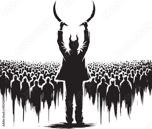 Monochrome sumi-e illustration of a figure raising devil horns a