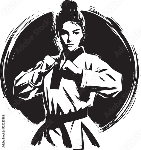 Elegant monochrome illustration of a focused female Taekwondo at