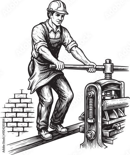 Monochrome Woodcut of Laborer Operating Industrial Press, Engrav