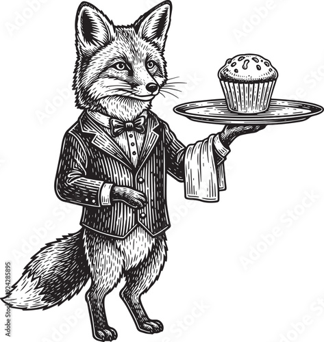 Dapper Fox Butler Offering Muffin, Vintage Woodcut Illustration,