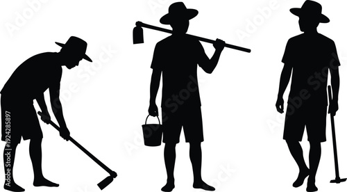 Farmers silhouette illustration, agricultural labor artwork, hoe and shovel design, rural farming scene, traditional agriculture decor, manual work artwork,