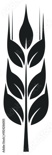 Stylized Black Silhouette of a Wheat Stalk with Seven Leaves and Pointed Tips
