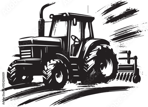 Agricultural tractor with tillage equipment, stylized brushstrok