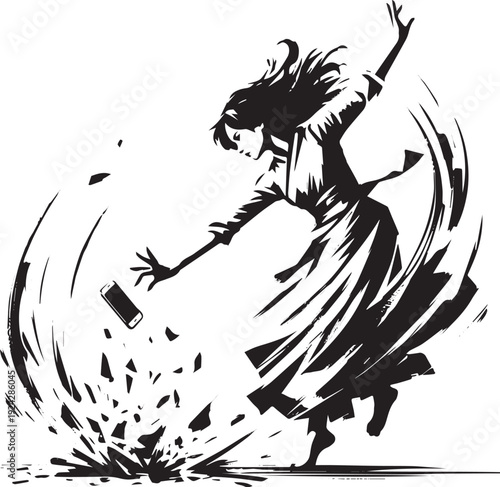 Sumi-e illustration portraying a woman in distress dropping her
