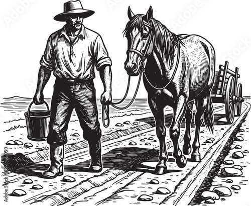 Vintage Woodcut Illustration of a Farmer and Horse Pulling a Car
