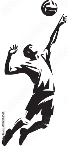 Dynamic monochrome illustration of a volleyball player spiking t