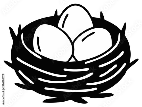 Silhouette illustration of a nest with three eggs.