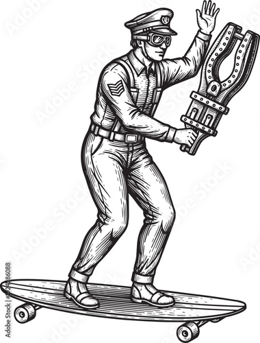 Engraved Illustration of a Policeman Surfing on a Skateboard wit