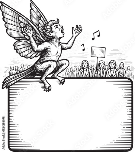 Winged orator addresses crowd from atop blank sign, engraved mon