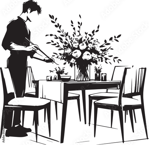 Elegant monochrome illustration of a man arranging floral center