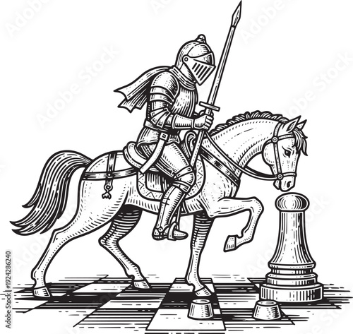Engraved Knight on Horseback Chess Piece, Tactical Game Strategy
