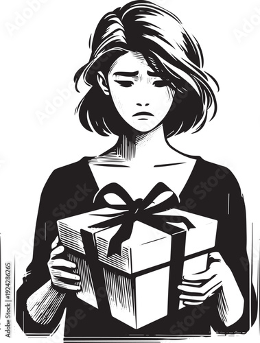 Monochrome sumi-e of a disheartened woman holding an empty gift