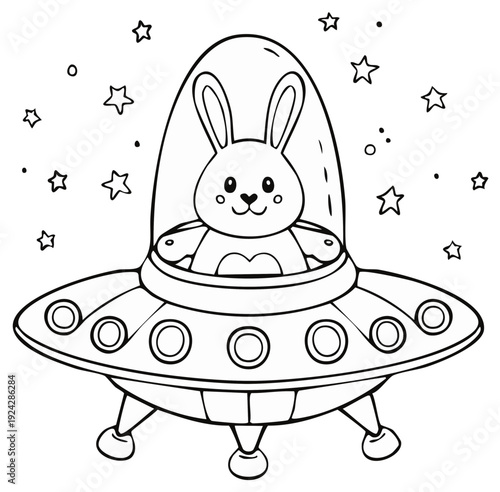 Cartoon Bunny Piloting a UFO in Space Among Stars