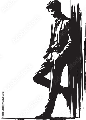 Monochrome sumi-e illustration of a contemplative man leaning on
