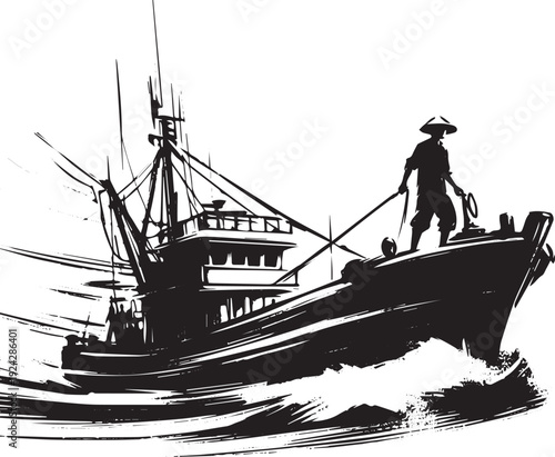 Japanese fishing trawler illustration in Sumi-e, black and white