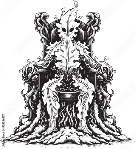 Engraved illustration of a leafy throne and a plant with face on