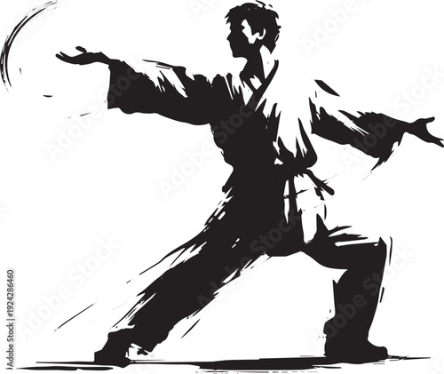 Zen warrior silhouette in sumi-e style with dynamic brushstrokes