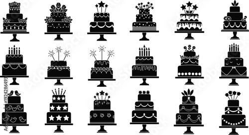 Cake silhouette vector set featuring various birthday cakes and wedding desserts isolated on white background for bakery graphic design and celebration projects.