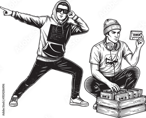Vintage Hip Hop Duo Illustration with Cassette Tapes and Dynamic