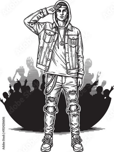 Monochrome etching of a stylish young man saluting among a crowd