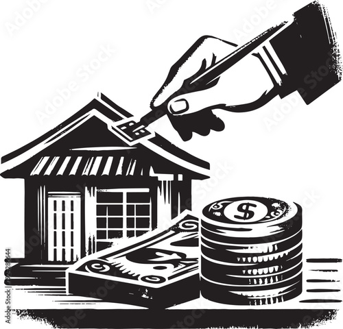 Monochrome representation of financial security with house and c