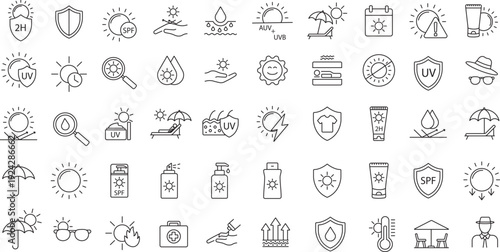 Sun Protection editable stroke outline icons set. UV protection, safety, sunscreen, lotion, cream, hat, sunglasses, umbrella, beach, shield, temperature, thermometer, skin, health, medical and more.