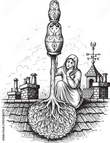 Engraved Illustration: Woman with Matryoshka Dolls Tree on Rooft