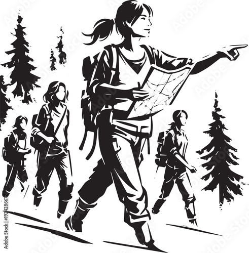 Confident leader navigates the forest path with companions in to