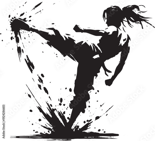 Dynamic monochrome silhouette of a woman executing a powerful ki