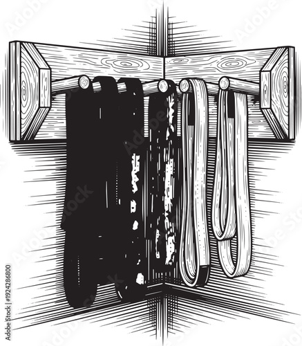 Engraved illustration of resistance bands on a wooden rack in a