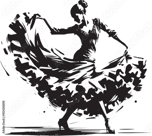 Passionate flamenco dancer, black and white sumi-e illustration
