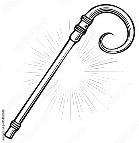 Vintage Shepherd Crook Walking Stick With Swirling Hook And Sunburst Rays