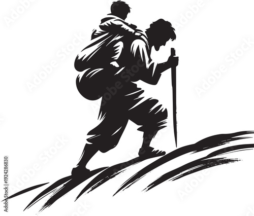 A black and white illustration of a man carrying a child uphill