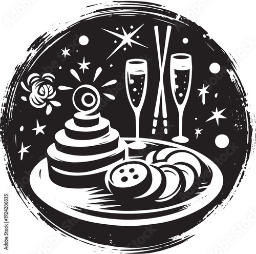 Elegant celebration platter with champagne and cake in linocut s