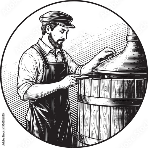 Vintage Engraving of a Distiller Crafting Spirits with Tradition
