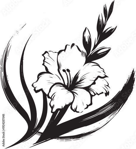 Elegant Gladiolus Plant Sumi-e: A minimalist Black and White mas
