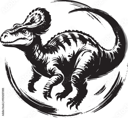 Striking Pachycephalosaurus monochrome art illustration in sumi-