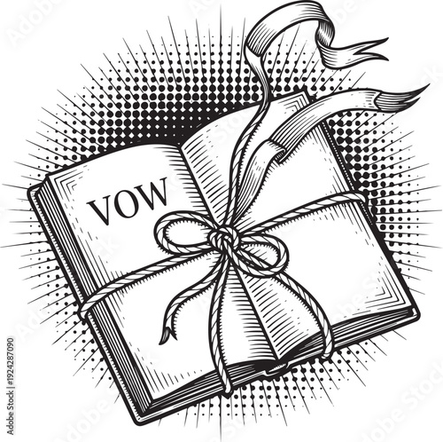 Engraved Wedding Vow Book Illustration with Ribbon and Halftone