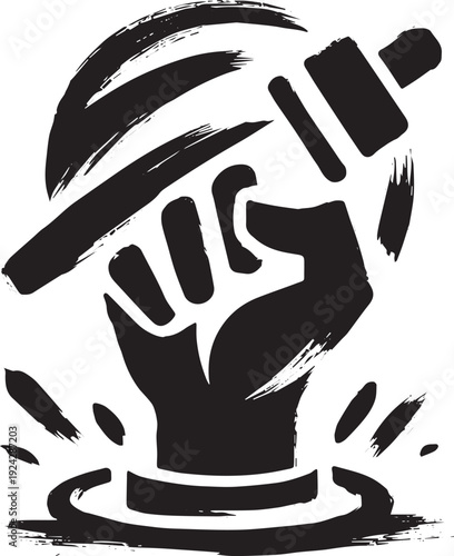 Ink brush stroke of raised fist holding a microphone, expression