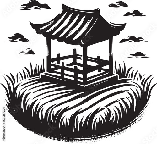 Elegant Sumi-e Style Illustration of a Japanese Gazebo on a Gras