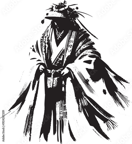 Elegant monochrome illustration of a figure adorned in tradition