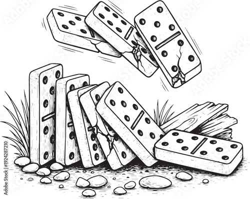 Engraved Illustration of Falling Dominoes with Cracked and Dynam